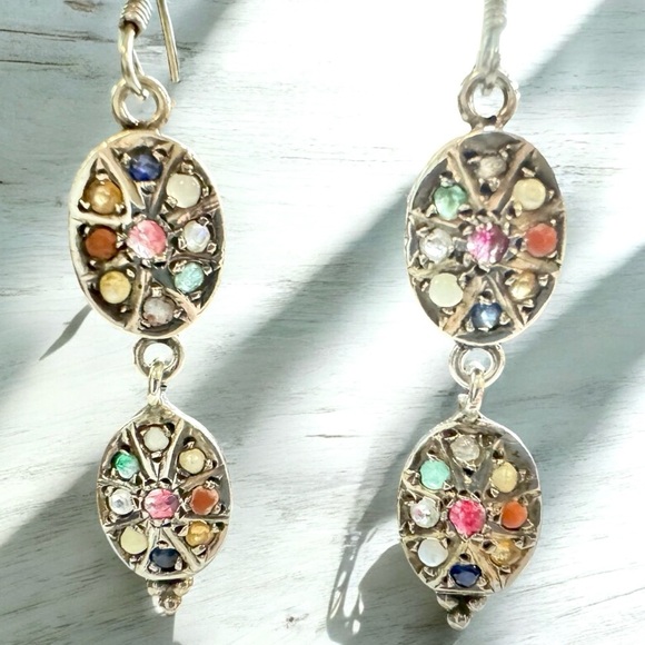 Diamond & Gemstone Sterling Oval Navratna Dangle Earrings​ - Picture 4 of 7